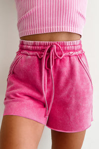 Sea Green Mineral Washed Drawstring Elastic Waist Raw Cut Shorts