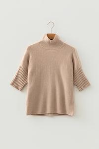 Beige Ribbed Trim High Neck Short Sleeve Casual Sweater