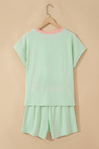 Clearly Aqua Soft Ribbed Color Block Trim Casual Short Set