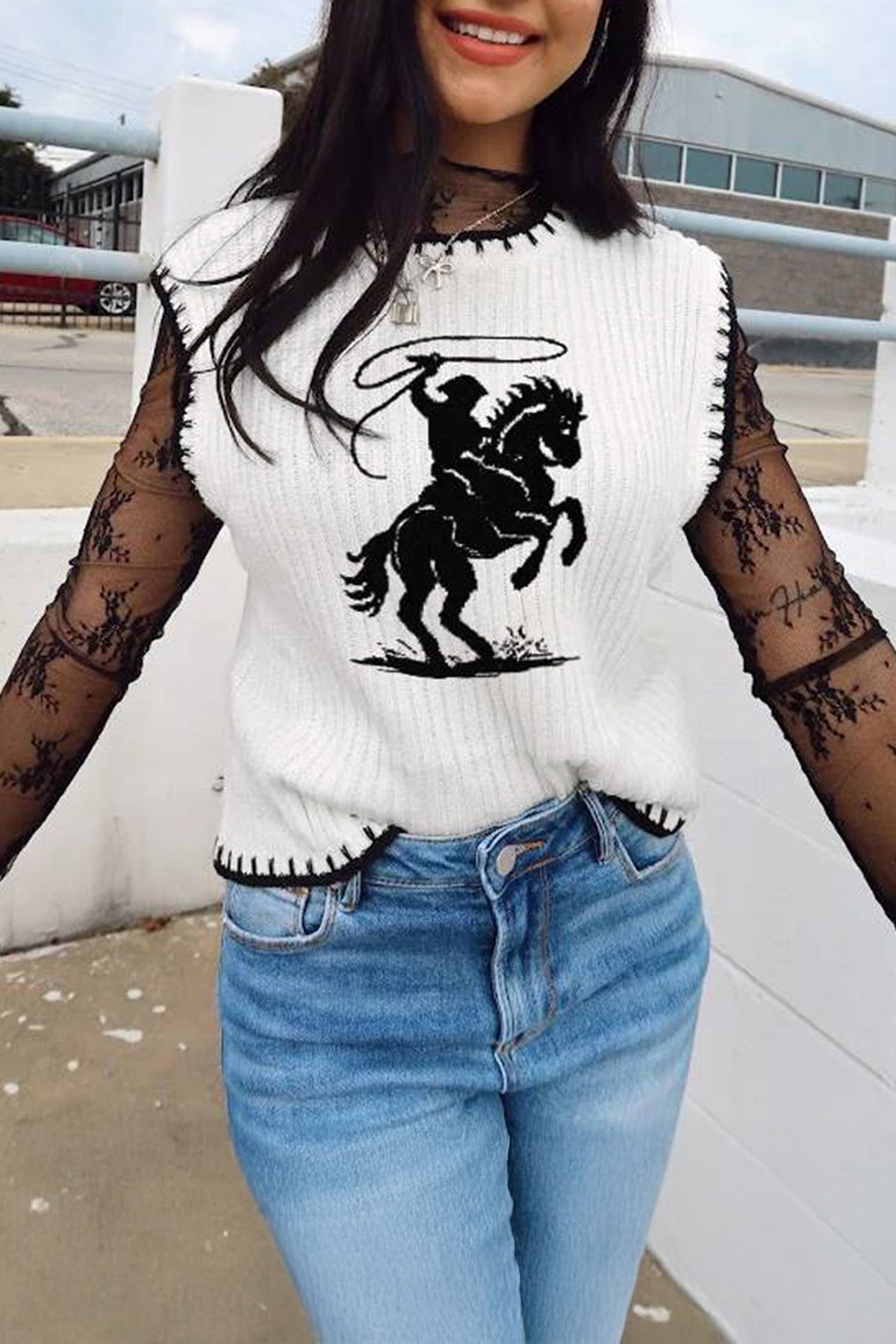 White Contrast Trim Round Neck Rodeo Cowboy Sweater Vest Dear-Lover Dropshipping