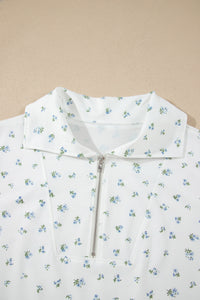 White Floral Print Half Zip Top Matching Short Set