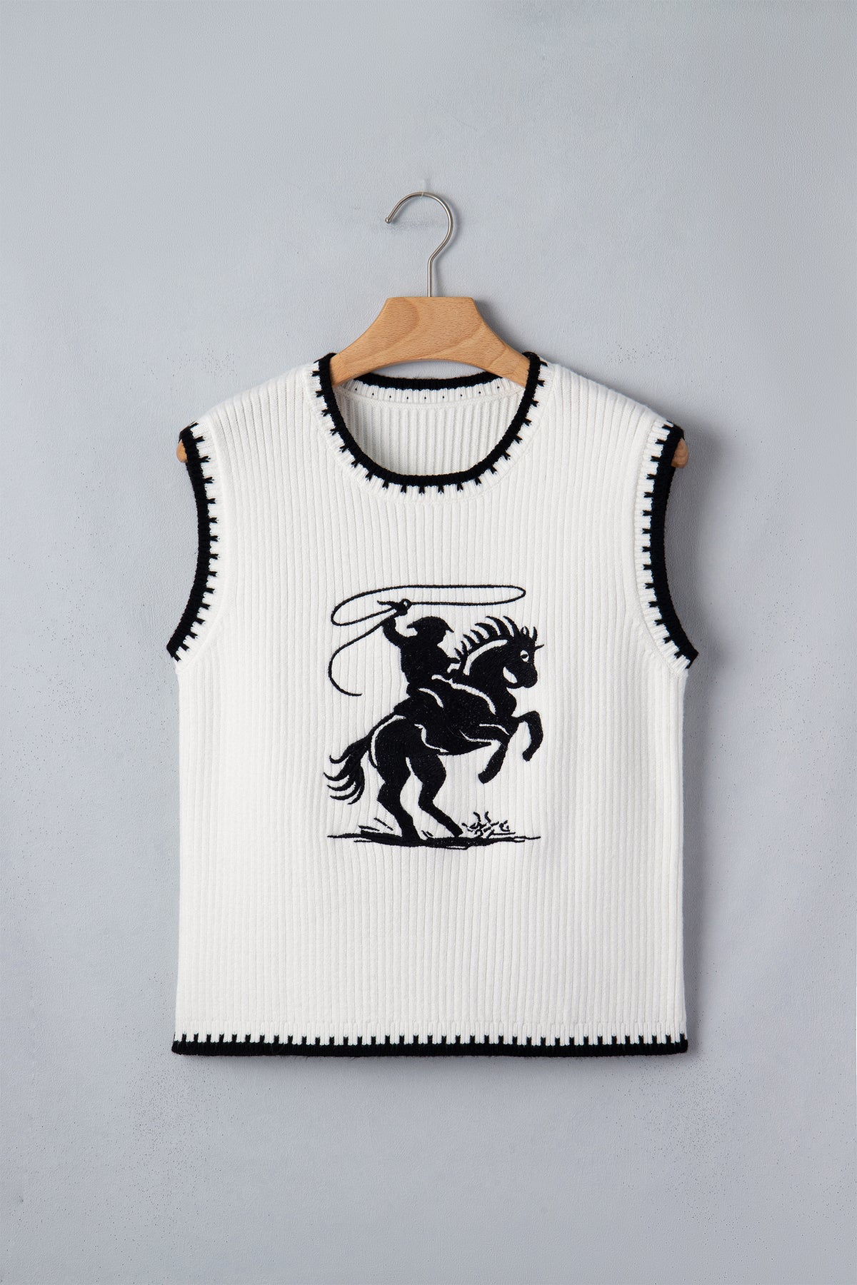 White Contrast Trim Round Neck Rodeo Cowboy Sweater Vest Dear-Lover Dropshipping