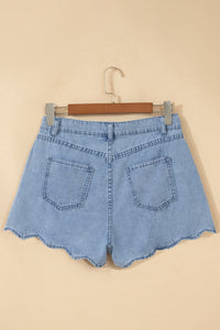 Myosotis Solid Color Scalloped Trim Casual Denim Shorts