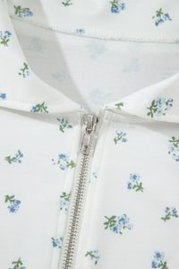 White Floral Print Half Zip Top Matching Short Set