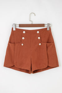 Clay Button Decor Scalloped Edge High Waist Corduroy Shorts