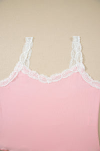 Pink Ribbed Knit Lace Straps Patchwork Lettuce Hem Cropped Top Floral Short Lounge Set