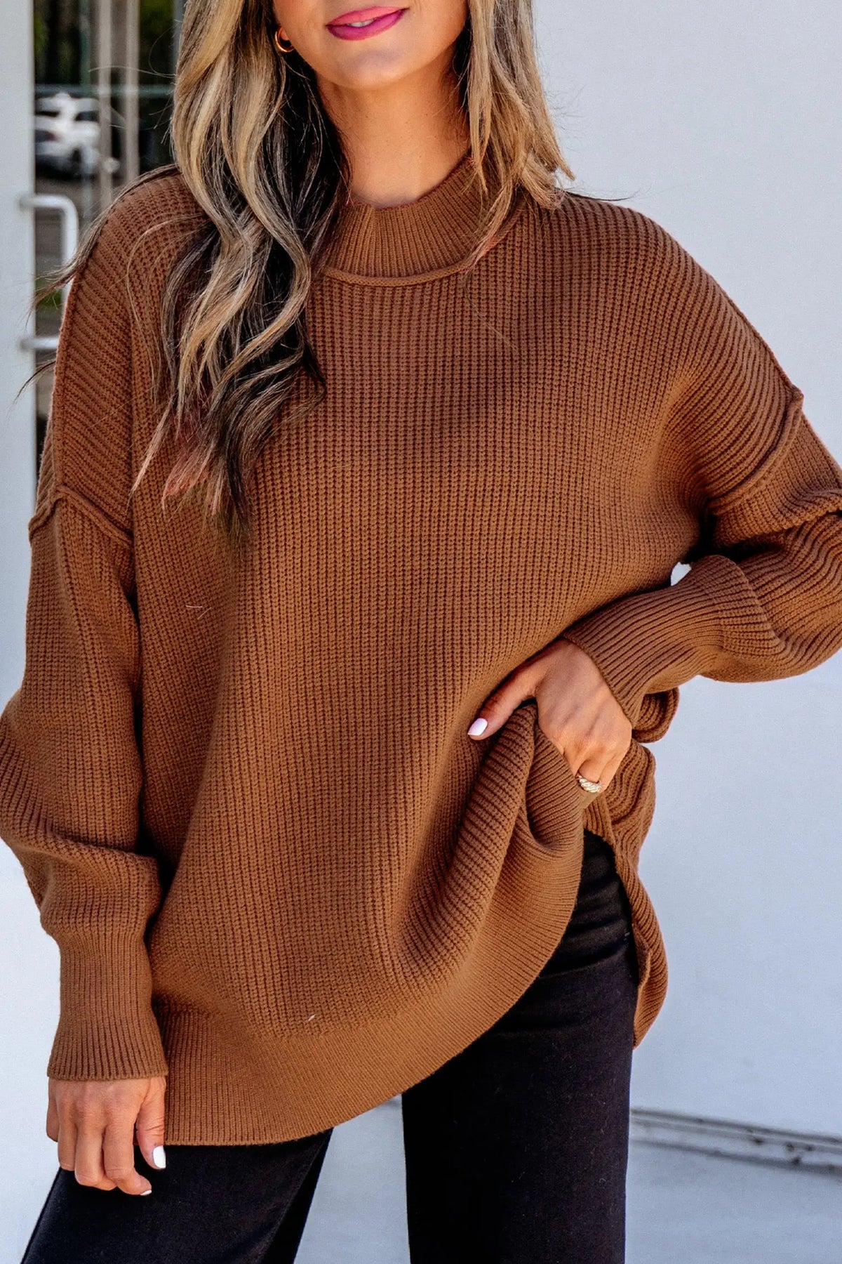 Red Dahlia Long Sleeve Ribbed Knit Stand Neck Regular Fit Sweater Dear-Lover Dropshipping