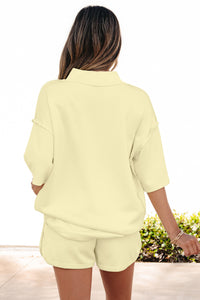 Mist Blue Solid Color Exposed Seam Mock Neck Oversize Tee Casual Shorts 2pcs Outfit