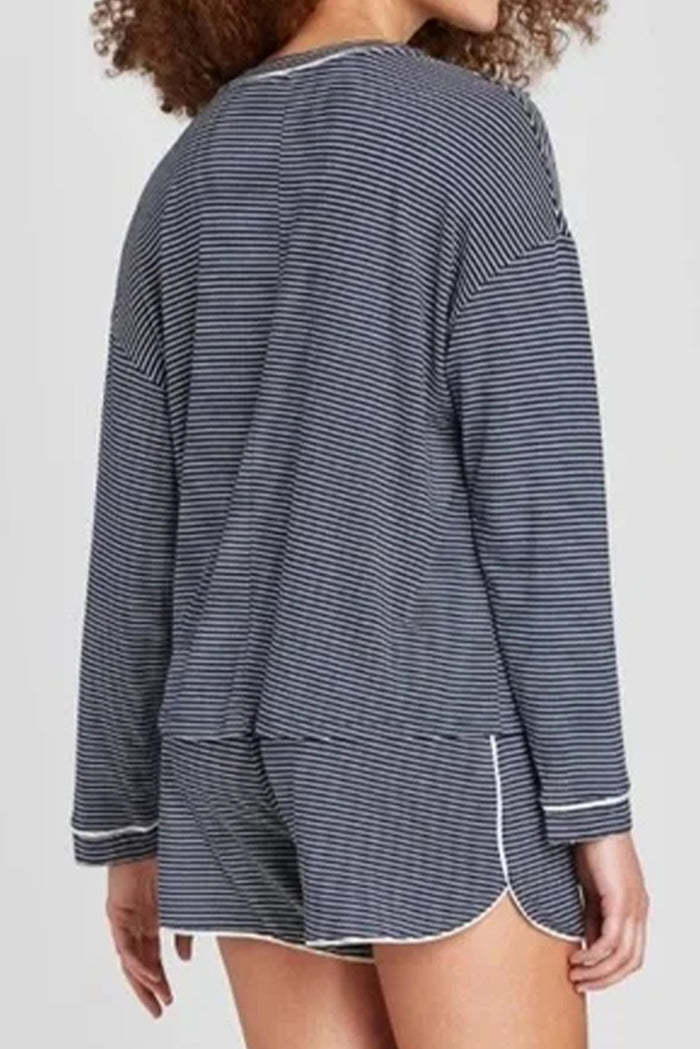 Blue Stripe Drop Shoulder Round Neck Long Sleeve Tee and Buttoned Shorts 2pcs Lounge Set