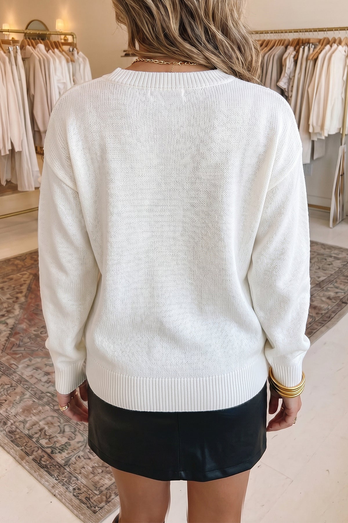 White Drop Shoulder Round Neck Long Sleeve Pullover Sweater Dear-Lover Dropshipping