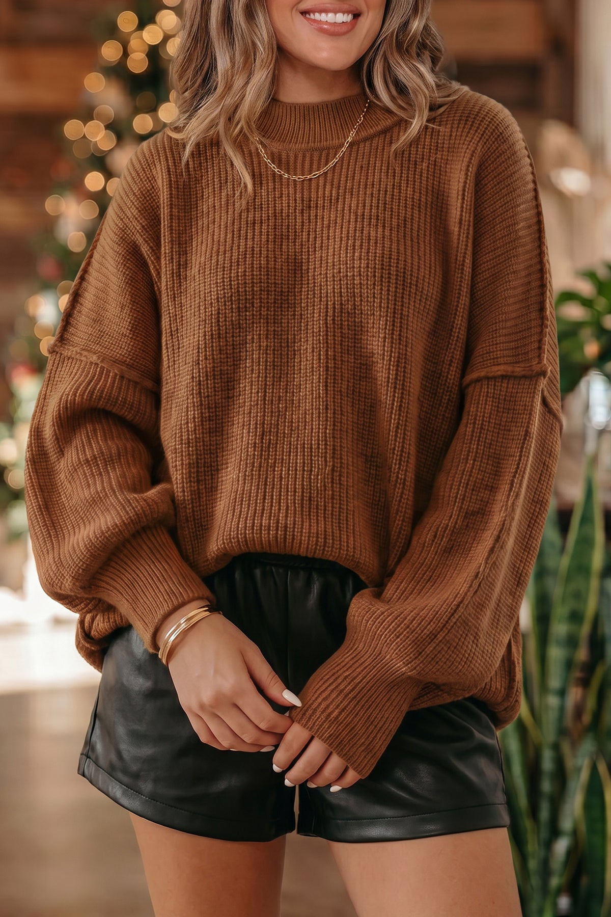 Red Dahlia Long Sleeve Ribbed Knit Stand Neck Regular Fit Sweater
