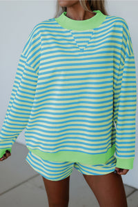 Yellow Stripe Color Block Detail Long Sleeve Pullover Elastic Waist Pull On Shorts 2pcs Set