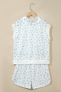 White Floral Print Half Zip Top Matching Short Set
