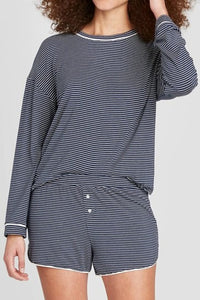 Blue Stripe Drop Shoulder Round Neck Long Sleeve Tee and Buttoned Shorts 2pcs Lounge Set