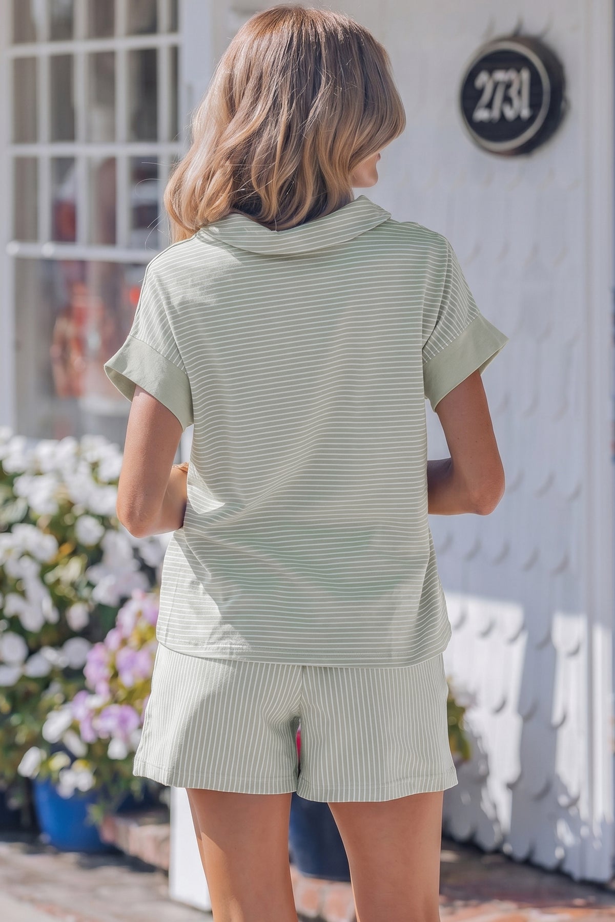 Purple Stripe Dolman Sleeve Polo Shirt and Drawstring Shorts Set