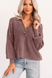 Dark Brown Mineral Washed Knit Button Polo Collar Loose Sweater