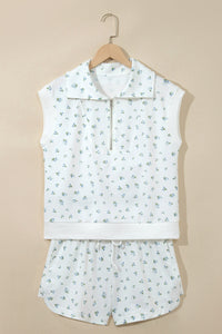 White Floral Print Half Zip Top Matching Short Set