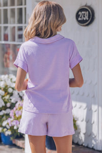 Purple Stripe Dolman Sleeve Polo Shirt and Drawstring Shorts Set