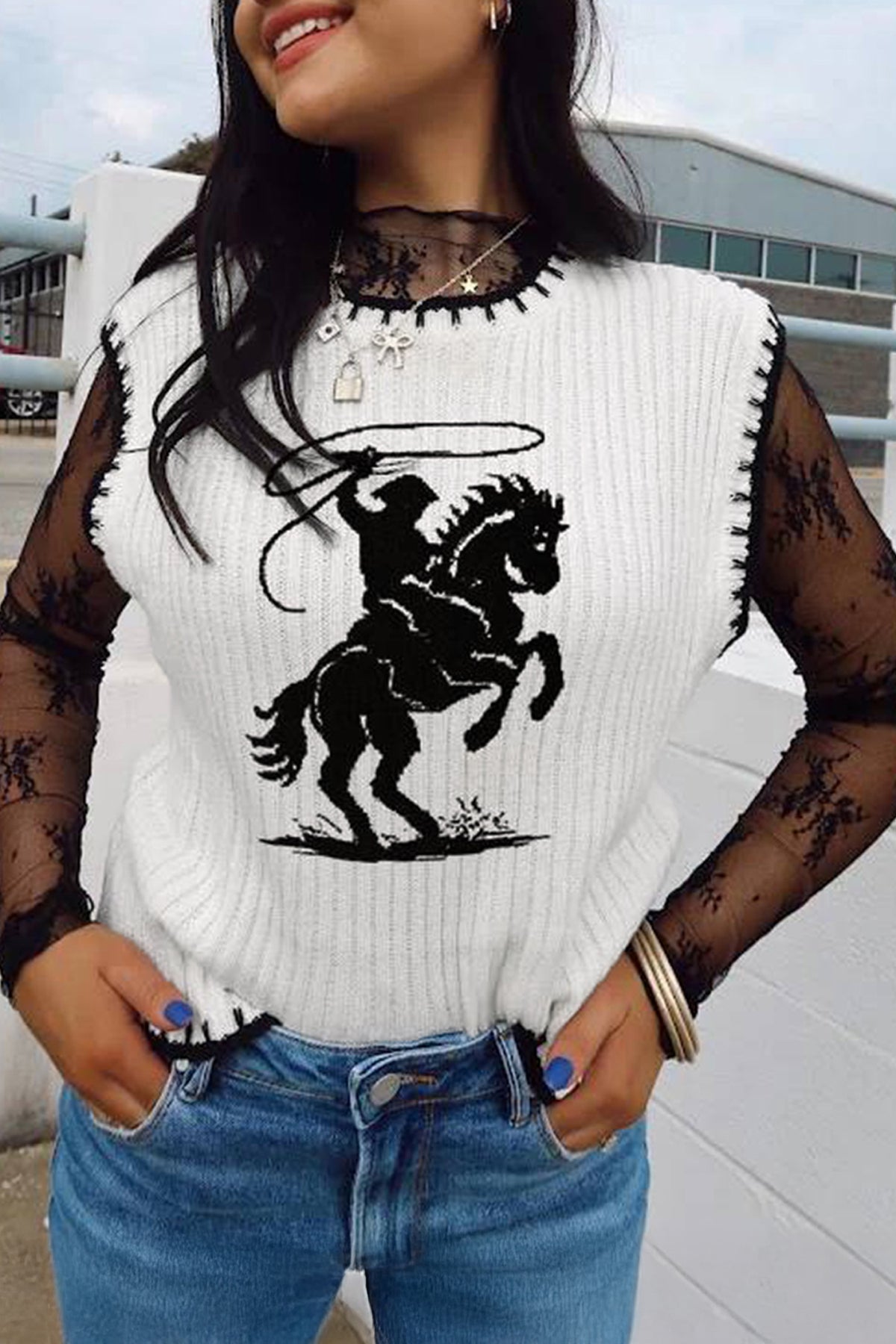 White Contrast Trim Round Neck Rodeo Cowboy Sweater Vest Dear-Lover Dropshipping
