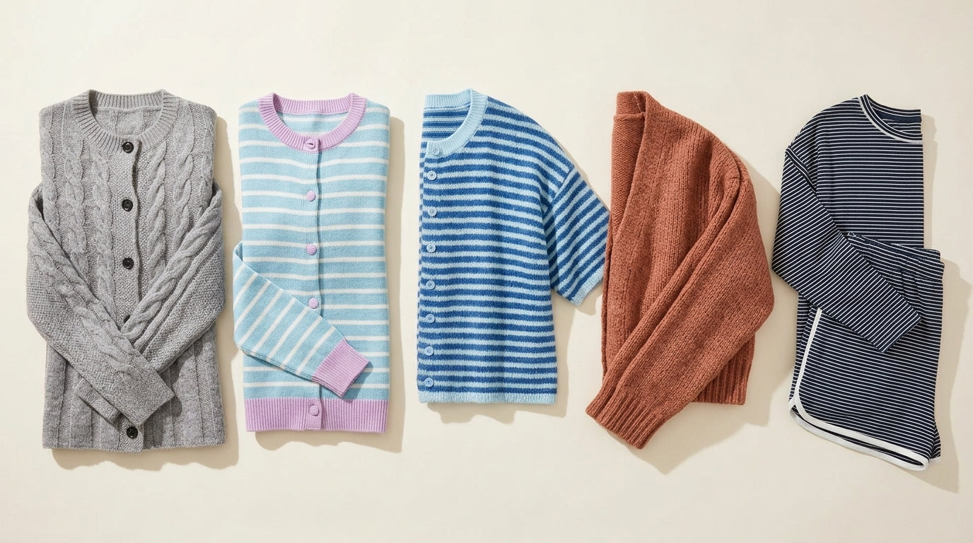 Warm knit cardigans and matching lounge sets arranged on an ivory backdrop