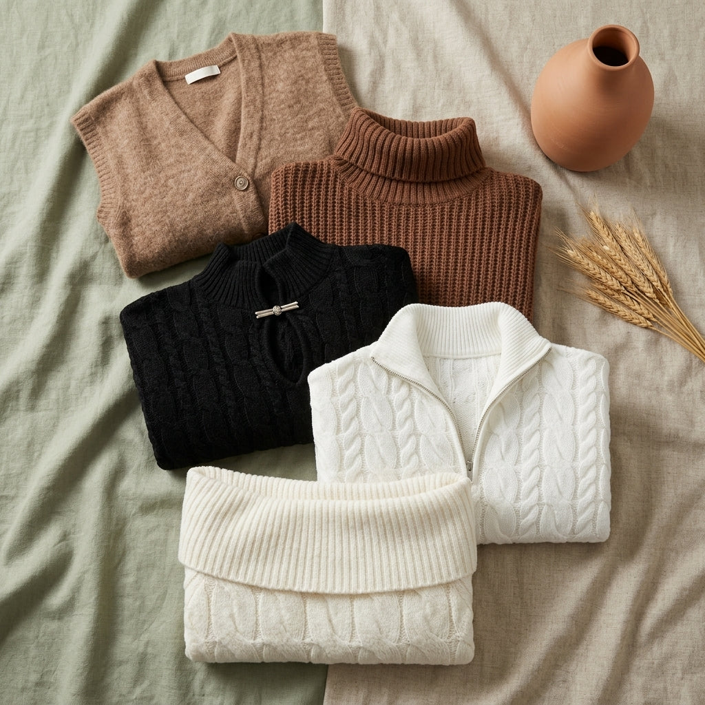 Autumn knit sweaters and cardigans in warm oatmeal and terracotta tones