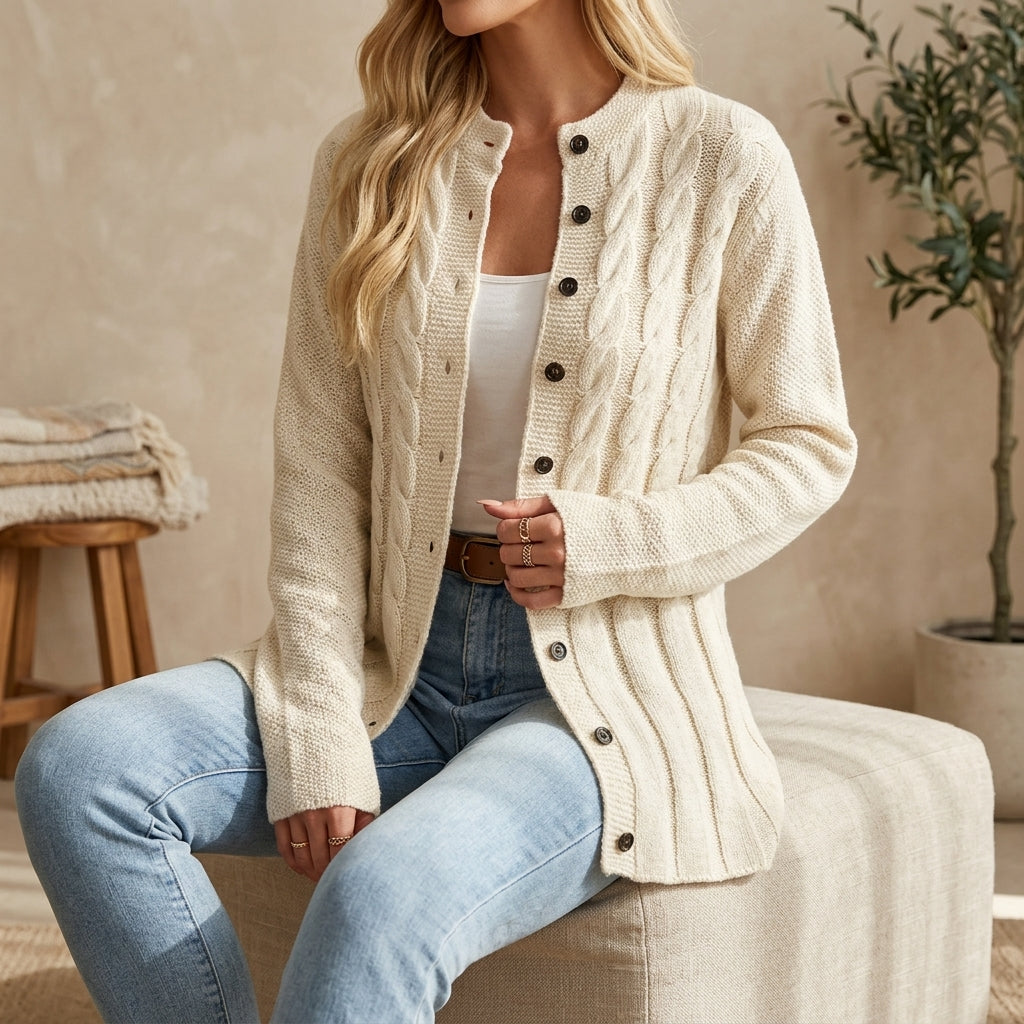 Woman wearing a cream high cable knit cardigan sweater