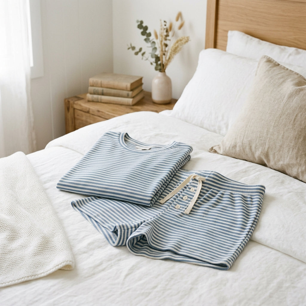 Blue and white striped lounge set folded in soft daylight