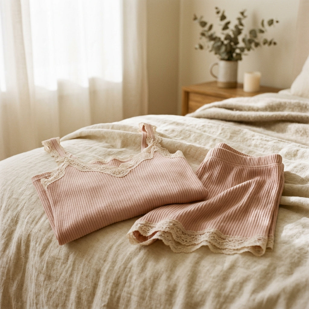 Pink ribbed knit lounge set with lace straps on a cream surface