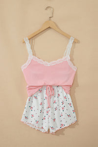 Pink Ribbed Knit Lace Straps Patchwork Lettuce Hem Cropped Top Floral Short Lounge Set
