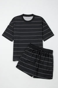 Black Stripe Half Sleeve Tee Drawstring Shorts 2pcs Set