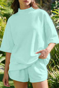 Mist Blue Solid Color Exposed Seam Mock Neck Oversize Tee Casual Shorts 2pcs Outfit