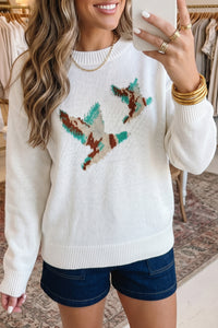 White Drop Shoulder Round Neck Long Sleeve Pullover Sweater Dear-Lover Dropshipping