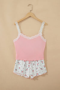 Pink Ribbed Knit Lace Straps Patchwork Lettuce Hem Cropped Top Floral Short Lounge Set